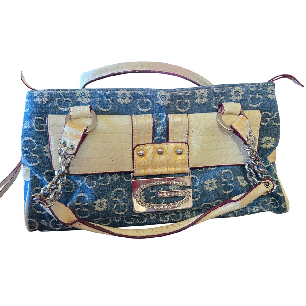 Gussaci Y2K Retro Chic Blue Denim Shoulder Bag Rhinestone G Buckle Croc Trim